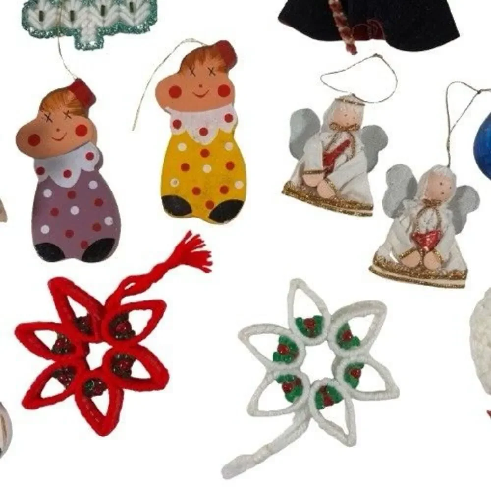 Lot of 19 Vintage Handmade Wooden Crochet German Ornaments Variety Angels Santa